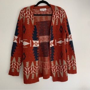 Ally Mae Southwestern Tribal Western Aztec Rust Open Front Cardigan Boho Summer